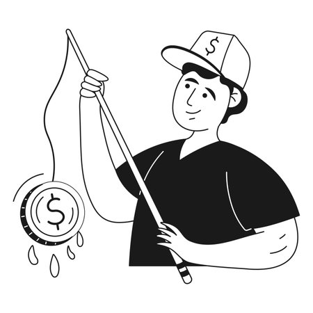 Financial character guy fishing for a coin with a fishing rodのイラスト素材
