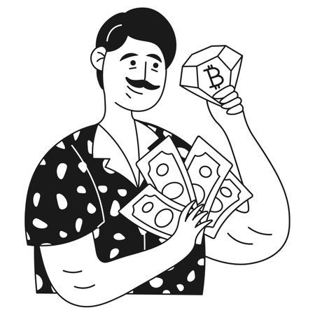 Financial character man holding paper money and bitcoin diamondのイラスト素材