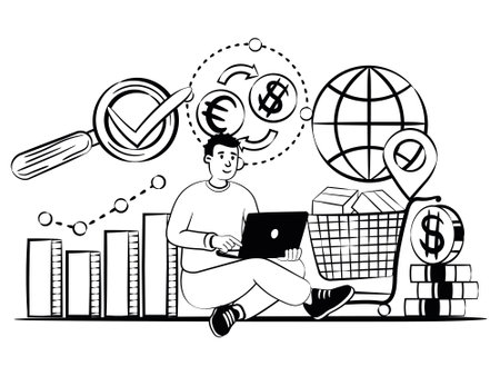 hand drawn vector image of man studies global business trendsのイラスト素材