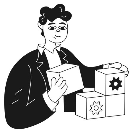 Digital business illustration of man with cubes building building businessのイラスト素材