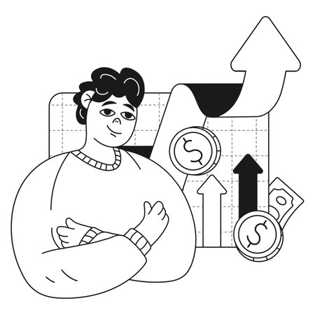 Digital business illustration of guy with ratings income moneyのイラスト素材