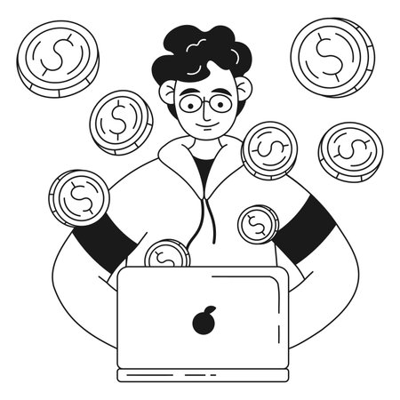 Financial character guy earns money on the internet online jobのイラスト素材