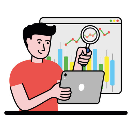 vector image with an analyst researches on tablet business efficiencyのイラスト素材