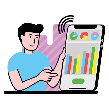 vector image with a man who shows how to conveniently do business with a smartphoneのイラスト素材