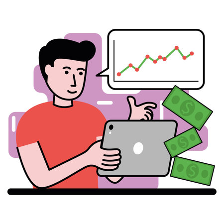 vector flat illustration of man who analyze work of businessのイラスト素材