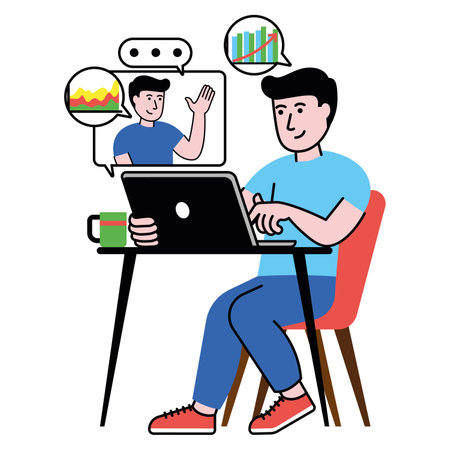 vector image with a man who holds an online meeting with companionのイラスト素材
