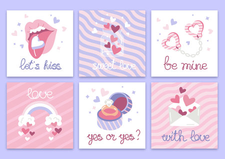 set of flat vector cute valentines day cardsのイラスト素材
