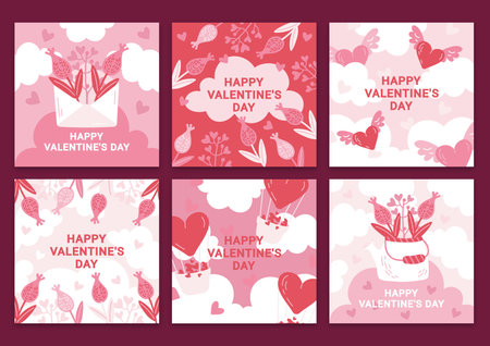set of flat red and pink vector Valentines Day cardsのイラスト素材