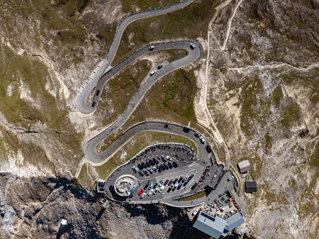 View on Grossglockner's pass highest parking place shot from a drone