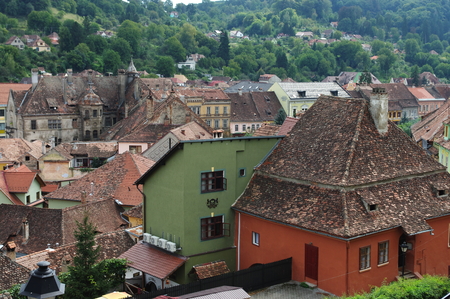 Sighisoara, Transylvania, Romania â September 12, 2017: general view from the hill to the new part of the city.のeditorial素材