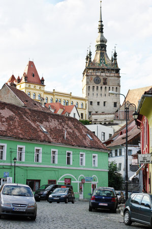 Sighisoara, Transylvania, Romania â September 12, 2017: buildings typical for the region in the new part of the city.のeditorial素材