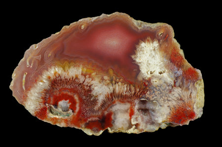Sagenite agate filled with colored halcedony. Colorful ribbons colored with metal oxides are...