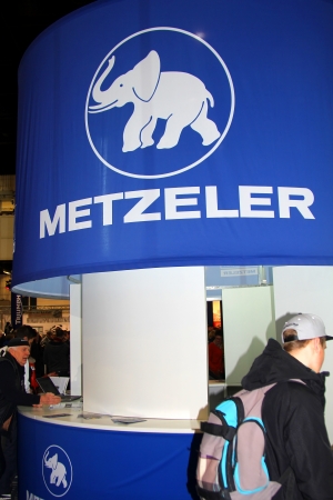 HAMBURG, GERMANY - JANUARY 26: Stand of Metzeler  on January 26, 2013 at HMT (Hamburger Motorrad Tage) expo, Hamburg, Germany. HMT is a large motorcycle expoのeditorial素材
