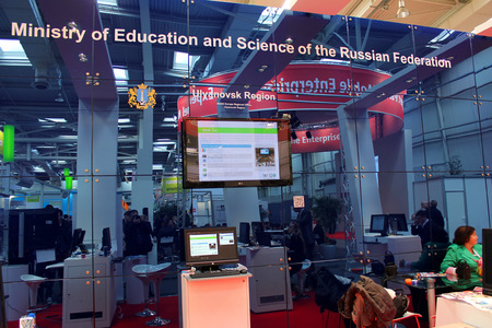 HANNOVER, GERMANY - MARCH 13: Stand of russian ministry of educations and science on March 13, 2014 at CEBIT computer expo, Hannover, Germany. CeBIT is the world's largest computer expoのeditorial素材