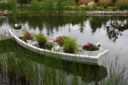 City Park. Boat with flowers on a pond.の写真素材
