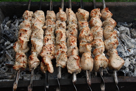 Skewers of meat turkeys roasted on the coals.の写真素材