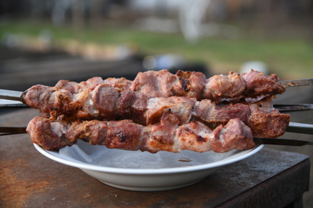 On the plate lie three fragrant shish kebab.の写真素材