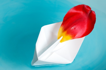 White ship with tulip petal as a sheetの写真素材
