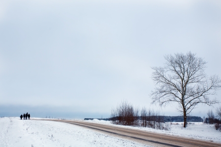 Winter landscape with tree, road and silhouettesの写真素材