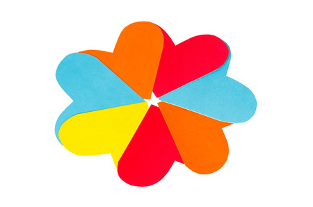 Many paper colored heart shapes on a white backgroundの写真素材