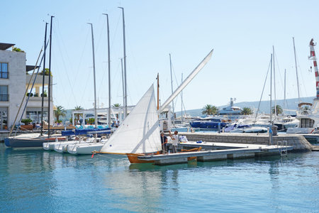 Tivat, Montenegro, April, 15, 2016: Boats and yachts in a bay of Adriatic sea