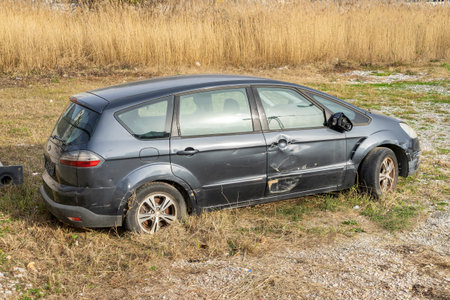 Passenger car get damaged by accident on the road in city. Ð¡ar crash accident on the street, damaged automobile after collision in the cityのeditorial素材