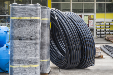 Bar, Montenegro, February 04, 2019: Construction materials are exhibited for sale in the yard of a building materials store in the open airのeditorial素材