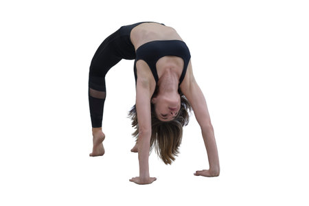 Young slim beautiful woman practicing yoga, exercising, making yoga pose, isolated on the white...