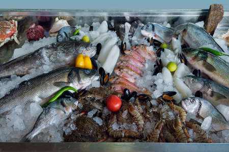 Showcase with freshly frozen fish and seafood in the restaurant. Different types of fresh fish, tiger shrimp, fresh vegetables, squid, mussels, crabs, shellfishの写真素材