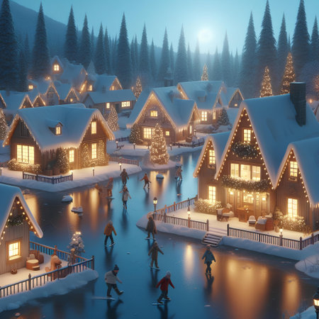 Winter village with houses and frozen lake, 3d render. Christmas backgroundの素材