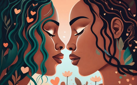 Two African girls in love. Girlfriends in love. Like vector illustrationの素材
