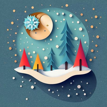 Winter landscape in paper cut style. Paper cut art style. like vector illustration.の素材