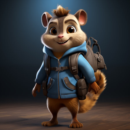 3D illustration of a cute cartoon squirrel with a backpack and a backpackの素材