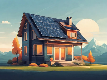 House with solar panels on the roof. Alternative energy source. Vector illustration.の素材