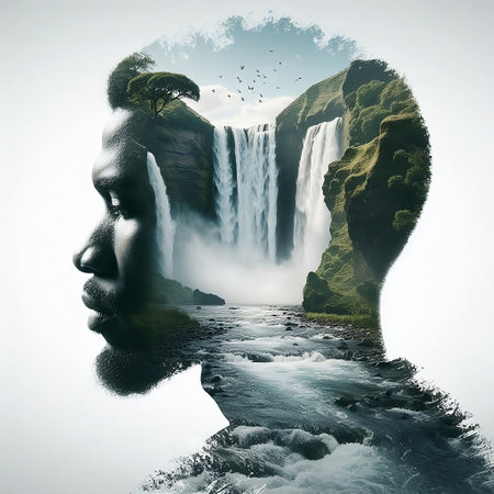 Fantasy landscape with a waterfall in the form of a human headの素材