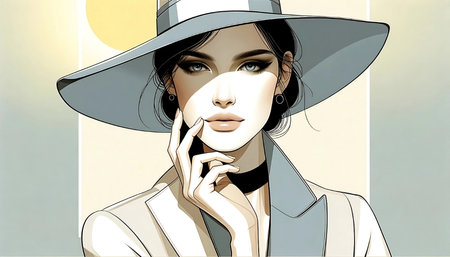 Fashion illustration of a beautiful young woman in hat and jacket.の素材