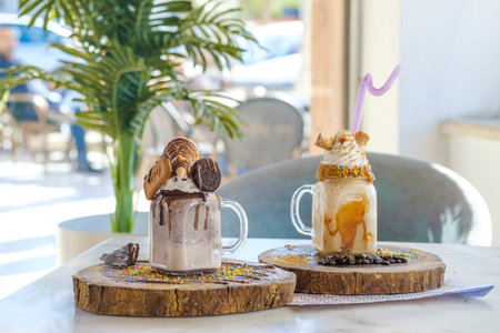 Two mugs of ice cream with toppings on a wooden table