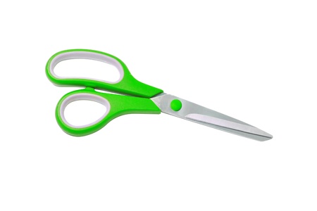 Green metal scissor isolated on white backgroundの写真素材
