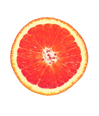 Close up of sliced pink grapefruit isolated on whiteの写真素材
