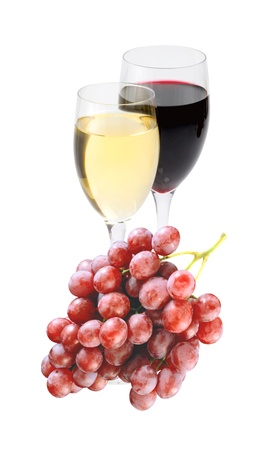 Wineglass with red and white wine and grape isolated on whiteの写真素材
