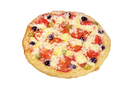 Pizza with olives and tomatoes closeupの写真素材