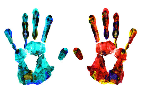 Colorful hand print on white backgroundの写真素材