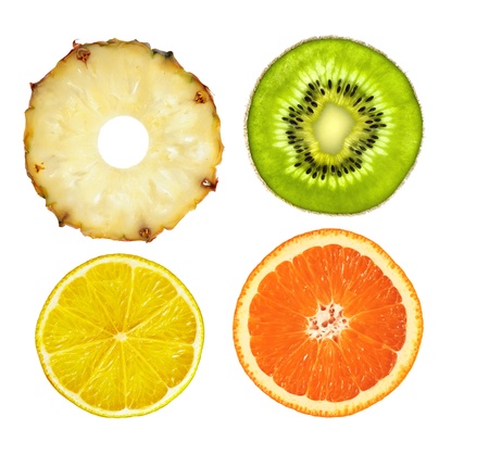 sliced pink pineapple, kiwi, lemon and orange isolated on whiteの写真素材
