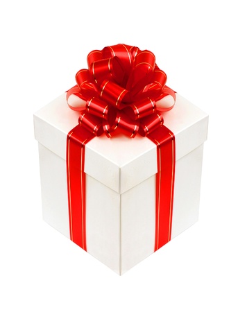Beautiful white gift box with red ribbon bow isolated on whiteの写真素材