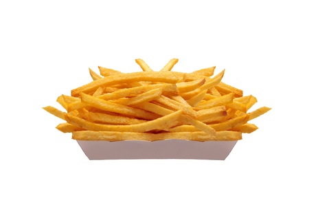 French fries in white box isolated on whiteの写真素材