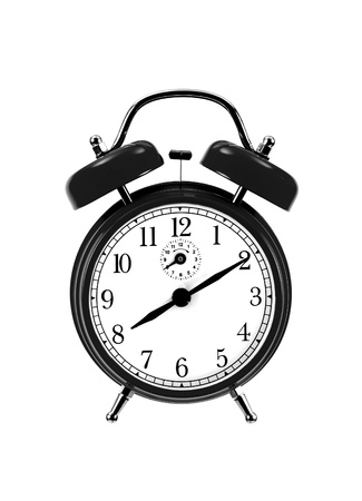 close up of black bell clock (alarm clock) isolated on white backgroundの写真素材