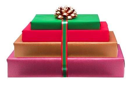 Christmas colorful gift boxes with bow isolated on whiteの写真素材