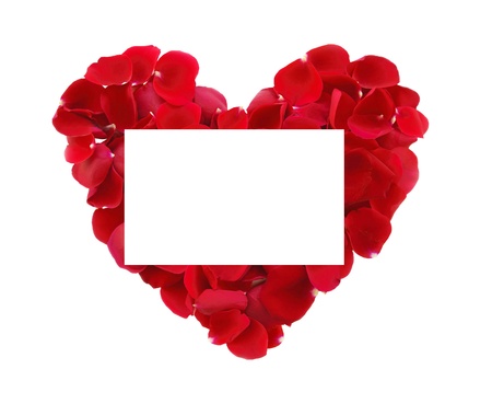 beautiful heart of red rose petals and greeting card isolated on whiteの写真素材