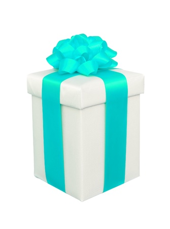gift box with blue bow isolated on whiteの写真素材