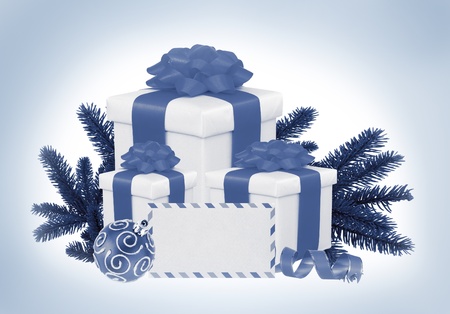 Christmas Gift Boxes, Decoration Balls and Tree Branch toning in blueの写真素材